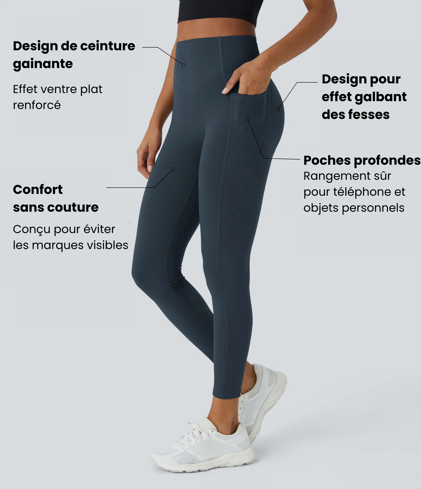 Leggings de Contrôle du Ventre et Sculptant les Fesses Taille Haute avec Poches